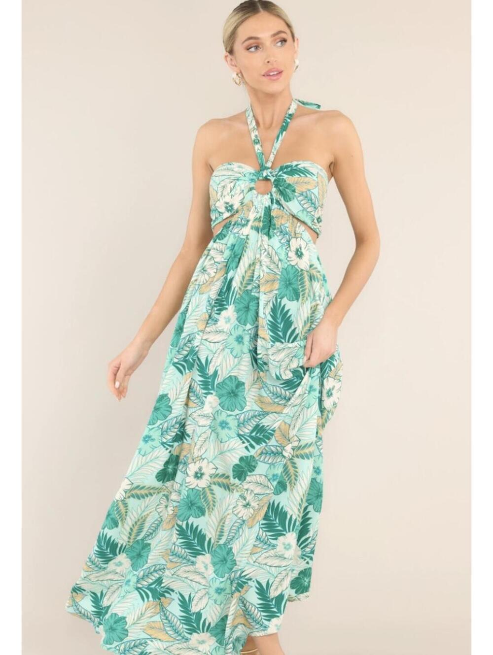 Aakaa Boutique Teal Halter Tropical Maxi Dress - Women's Medium, NWOT